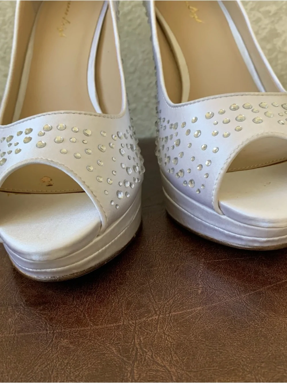 White Crystal-Embellished Peep-Toe High Heels